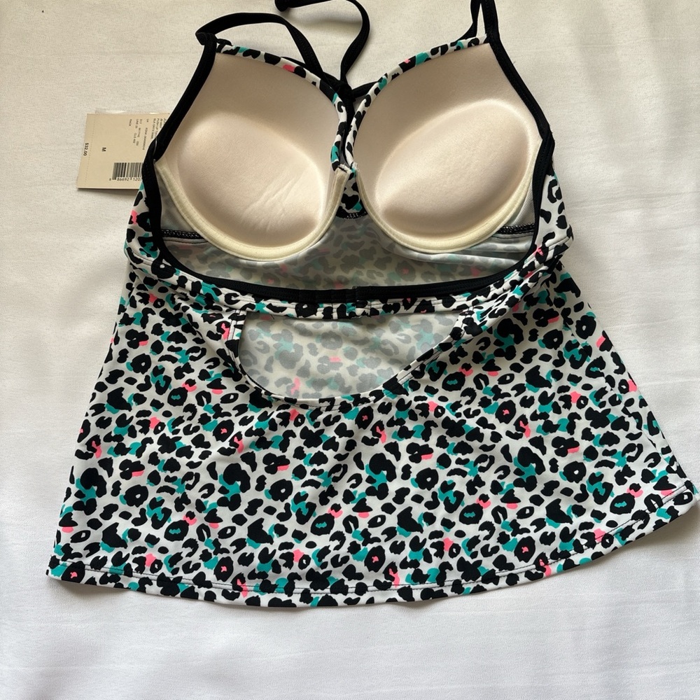 Joe Boxer White Leopard Print Push-Up Halter Tankini with Teal & Pink Accents - Picture 3 of 4